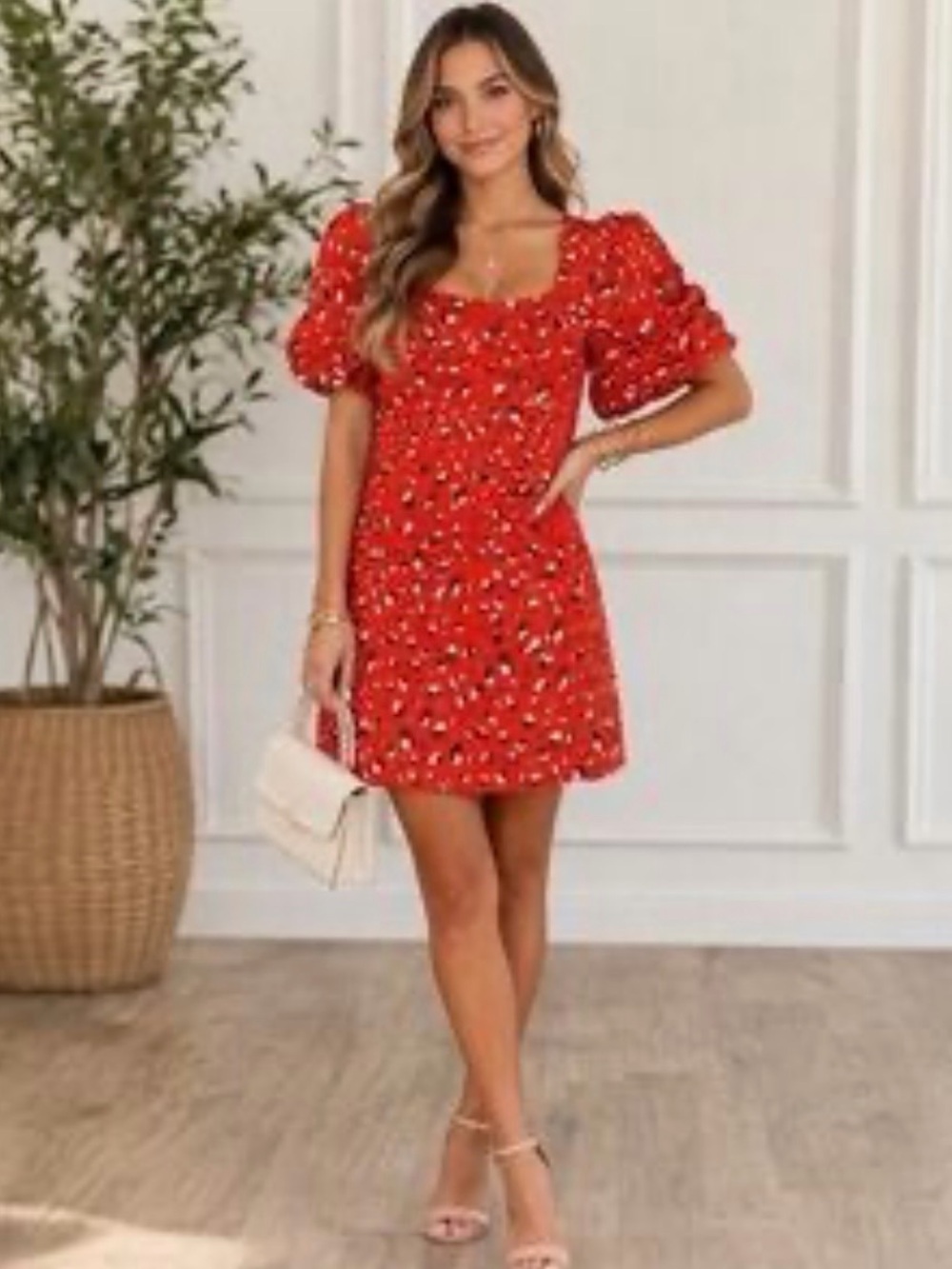 Anthropologie style Red Leopard Print  Neck Puff Sleeve Mini Dress – 20" P2P